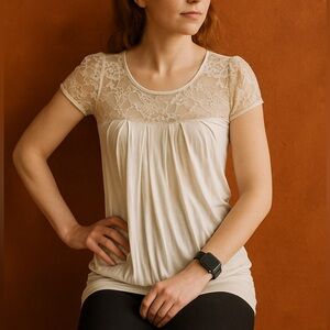 Vintage Belinda Crocker Cream White Prairie Baby Doll Lace Top Cap Sleeve Sz L